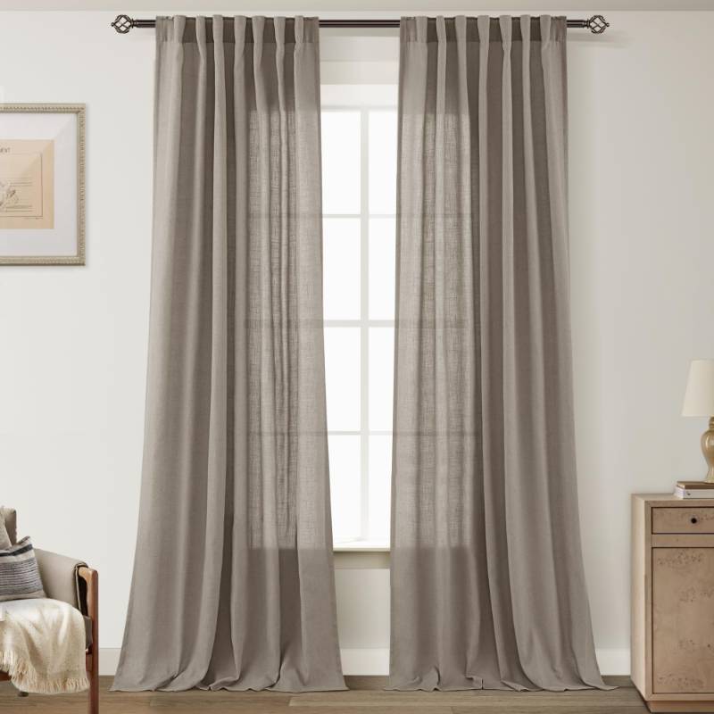 lot 26476 image: Taupe Linen Curtains 90 inches Long for Living Room Back Tab Rustic Farmhouse Semi Sheer Light Filtering Window Curtain Dining Room Soft Thick Flax Linen Textured Drapes Burlywood Birch Dark Brown - Retail $36