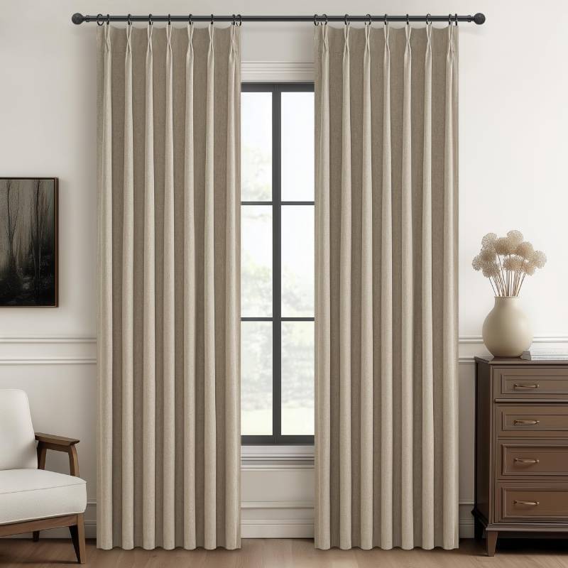 lot 26477 image: 100% Blackout Viral Curtains 84 Inch Length 2 Panels Set Farmhouse Style for Bedroom WindowsLiving Room Thermal Insulated Neutral Drapes Linen Blend Dark Grey Beige 7ft Long Pinch Pleated with Hooks - Retail $42