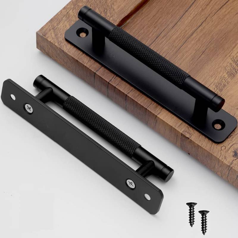 lot 26519 image: 11 Pack 5 Inch 128 mm Matte Black Barrel Knurled Cabinet Handles with Base Plate Aluminum Cabinet Pulls for Drawer Sliding Door Charcuterie Board Black Drawer Handles Drill&Punch Free - Retail $45