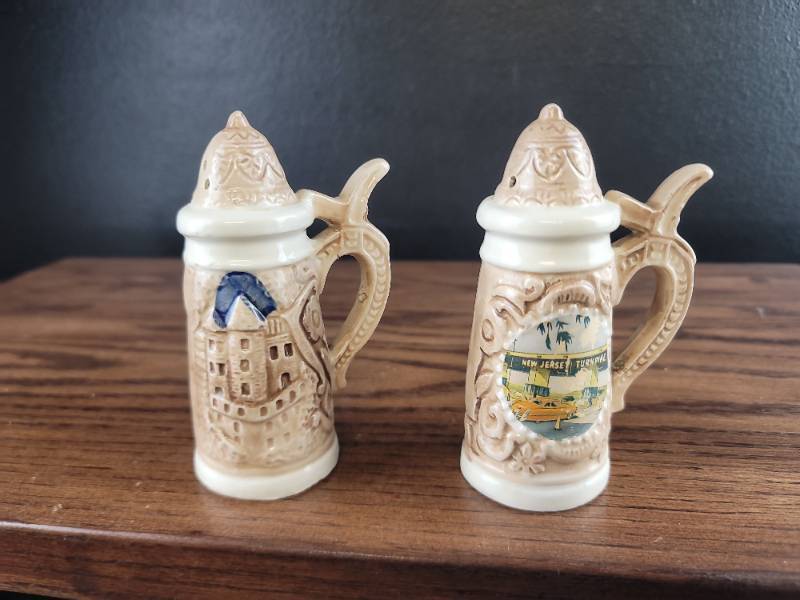 lot 2902 image: New Jersey Turnpike Ceramic Beer Stein Salt and Pepper shakers