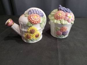lot 4017 image: Ceramic Floral Water pitcher and basket of flowers Salt and Pepper Shakers set