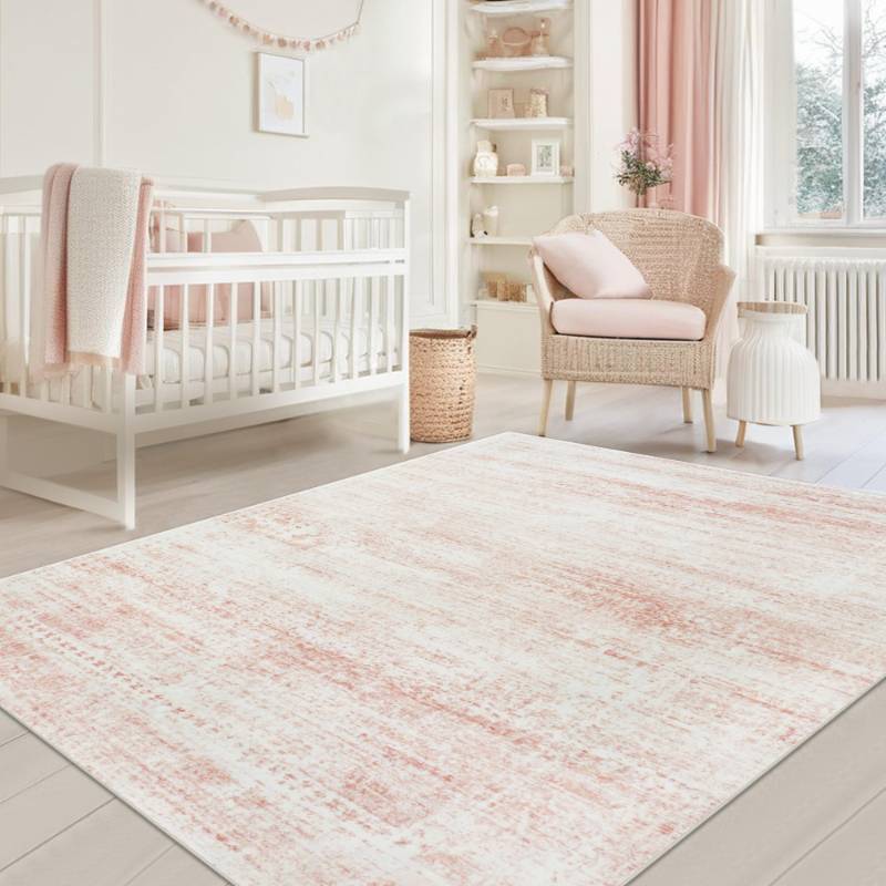 lot 1241 image: Srugn Washable Rugs 5x7 Area Rugs for Living Room,Bedroom,Dining Room- Ultra Soft Faux Wool Nursery Rug for Baby Girl,Neutral Light Pink Low Pile Vintage Carpets for Dorm Kids Playroom,Non Slip - Retail $40
