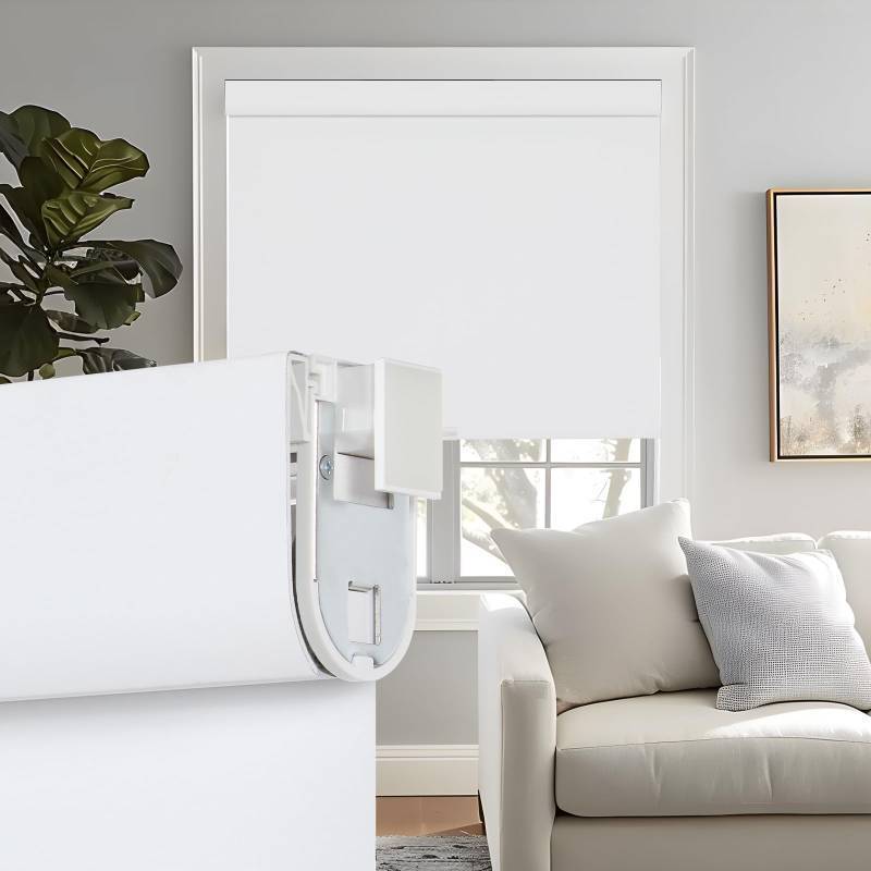 lot 1246 image: Persilux No Drill No Tools 100% Blackout Roller Shades for Indoor windows, Free-Stop Cordless Roller Blinds, UV Protection Thermal Insulated Fabric Roller Window Shades for Home (White, 35W x 72H) - Retail $67