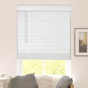 lot 1042 image: Calyx INTERIORS Faux Wood Blinds with Classic Valance, Cordless, 2 Slat, 34.5 W x 48 H, Blinds for Indoor Windows, Room Darkening Window Blinds for Home Interior Windows and Doors, Pure White - Retail $43