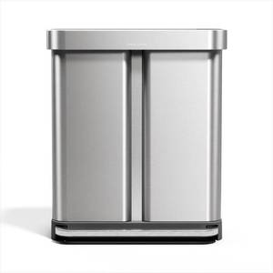 lot 1031 image: simplehuman 58 Liter  15.3 Gallon Rectangular Hands-Free Dual Compartment Recycling Kitchen Step Trash Can with Soft-Close Lid, Brushed Stainless Steel - Retail $152