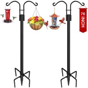 lot 1044 image: XDW-GIFTS Double Shepherds Hooks for Outdoor, 2-Pack Heavy Duty Garden Pole for Hanging Bird Feeder, Plant Baskets, Solar Light Lanterns, Garden Plant Hanger Stands with 5 Base Prongs - Retail $37