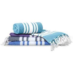 lot 1135 image: Occosa Turkish Cotton Beach Towel Pack of 6 & 1 Boho Tote Bag - Hammam Towels - No Shrink - Quick Dry - Lightweight - Sand Free - Camping - Pool - Beach Essentials - Blue,Gray,Purple, Navy (40x46) - Retail $57