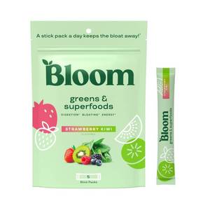 lot 1158 image: Set of 3 Packages Total of 15 Stick Packs of BLOOM NUTRITION Greens and Superfoods Powder Stick Pack - Strawberry Kiwi - 15ct - Retail $30