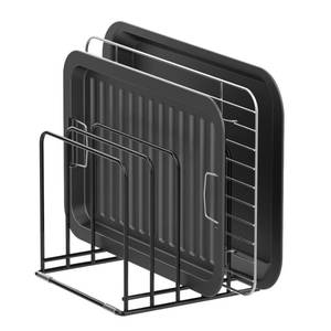 lot 1180 image: KORRTFID Kitchen Cabinet Organizer, Steel Cookware Holder, Divided Holder with 5 Slots for Skillets Baking Tray and Chopping Board Rack - Baking Pan Holder Storage (1 PC) - Retail $21