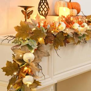lot 1183 image: Dolicer Fall Maple Leaf Vine, 6.2Ft Lighted White Pumpkin Berry Garland for Thanksgiving, Christmas, Halloween, Mantle, Harvest, Fall Decor - Retail $20