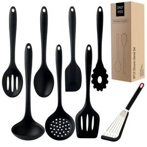 lot 1185 image: Silicone Kitchen Utensils Set, 8 PCS Heat Resistant Non Stick Cooking Tools, Silicone SpatulaTurnerServing SpoonSoup LadleSlotted SpoonPasta ServerSkimmerFish Spatula (Black) - Retail $15