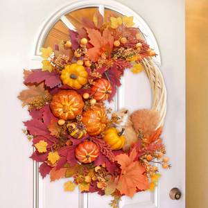 lot 1189 image: Fall Wreath Decor, Fall Wreaths for Front Door with Lifelike Squirrel, Pumpkins Berries & Maple Leaves, 18 Autumn Fall Door Wreath Fall Wreaths for Front Door Outside Thanksgiving Home Decor - Retail $46