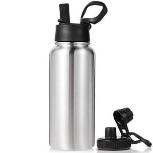 lot 1204 image: (2) 32 oz Insulated Water Bottle with 2 Lids (Straw & Spout Lid), 188 Stainless Steel Double Wall Water Bottles for Gym, Travel, Camping, Sports (Silver,1 Pack) - Retail $28