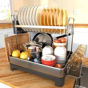 lot 1216 image: Genteen Dish Drying Rack, 2 Tier Stainless Steel Dish Rack with Drainboard and Rotatable Spout, Dish Drainers for Kitchen Counter with Utensil, Glass, Cutting Board Holder - Gray - Retail $36