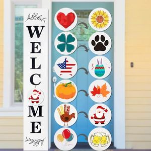 lot 1225 image: Lotkey Seasonal Welcome Sign for Front Door, 47 x 7.9 Inch Welcome Sign with 12 Wooden Icons (6 Double-sided Disks) Porch Decor for Summer Fall Thanksgiving Christmas Party Outdoor Sign (White) - Retail $11,342