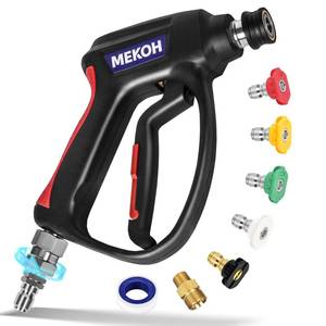 lot 1228 image: MEKOH Short Pressure Washer Gun with Swivel, 5000 PSI High Power Washer Spray Gun, 10 GPM Foam Gun with 38 Quick Connect, M22-14mm for Extension Wand, Hose, Pressure Washer Handle with 5 Nozzle Tips - Retail $46