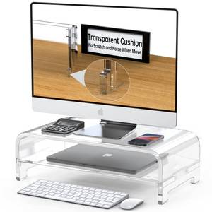 lot 1239 image: Beimu Acrylic Monitor Stand Riser 16Lx8.5Wx5H Inch 2-Tiers Acrylic Laptop Stand Riser for Desk with Anti Slip Mat Clear Monitor Stand with Storage for iMac MacBook and Any Size Computer Monitor - Retail $32