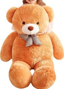 Large Brown Teddy Bear Plush Toy with Checkered Bow