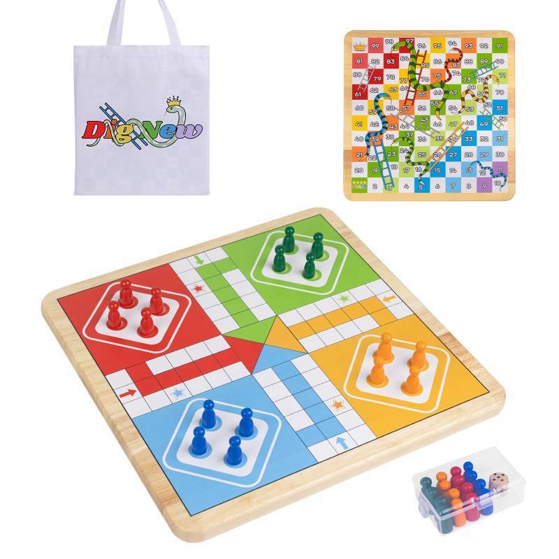 lot 6019 image: 12 Inch Wooden 2-in-1 Ludo &amp Snakes Board Game, Reversible Travel Set with Storage Bag &amp Organizer Box (All-in-One Storage)
