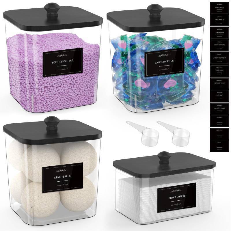 lot 6108 image: COAZEX 31 Pack Clear Laundry Pods Container &amp Dryer Sheet Holder, Plastic Square Laundry Room Organization and Storage Jars with Black Lids, Scoops &amp Labels for Detergent, Powder, Dryer Balls