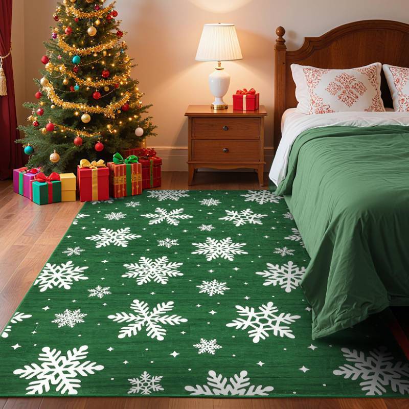 lot 6193 image: GarveeHome Washable Christmas Area Rugs 5x7 Non-Slip Area Rug for Bedroom Snowflake Floor Cover Low Pile Soft Non-Shedding Carpet Foldable Green Christmas Rugs for Nursery, Dinning Room, Office