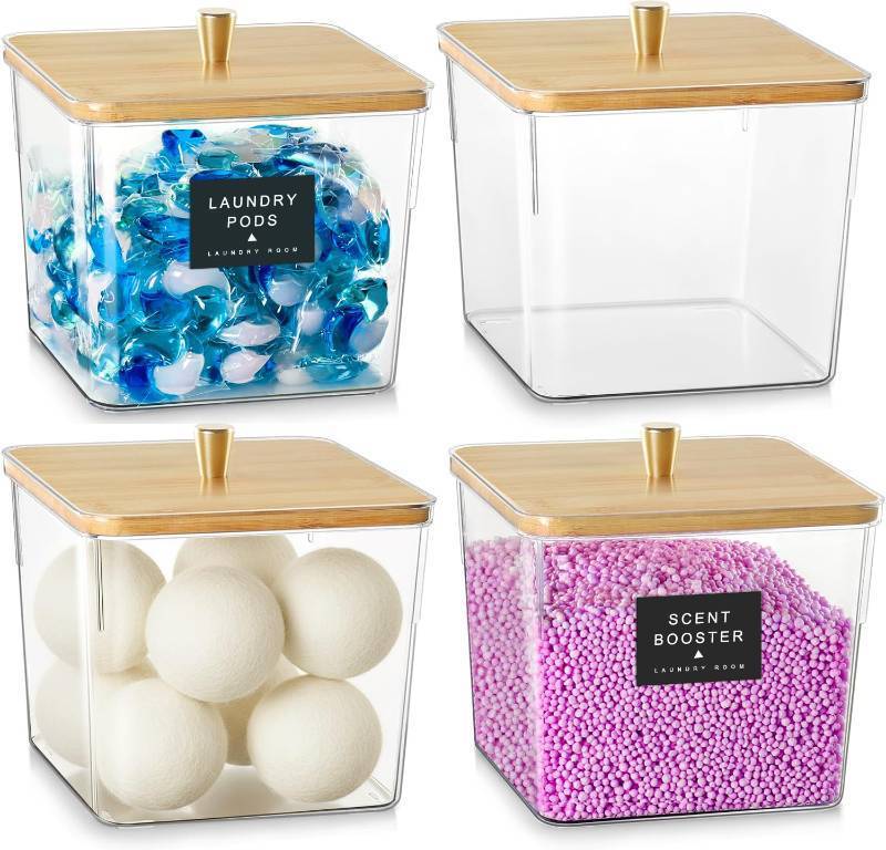 lot 6226 image: 4 Pack Laundry Detergent Container, Clear Laundry Room Organization Containers, Large Laundry Detergent Powder Storage Organizer, Acrylic Laundry Detergent Jars Wooden Lids with Scoop