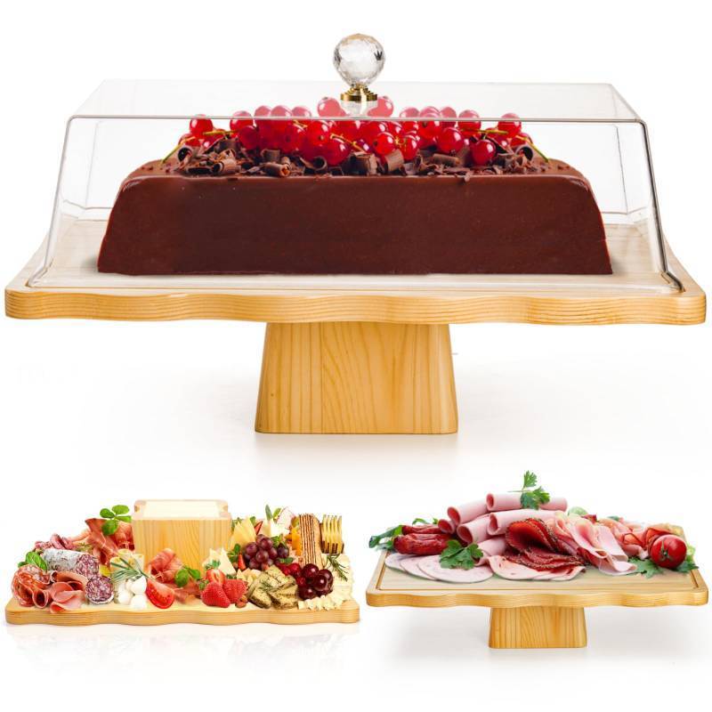 lot 6231 image: Pumtus Wood Cake Stand with Lid, 2-in-1 Multifunctional Serving Platter, Rectangular Cake Holder with Acrylic Cover, Footed Cake Plate, Dessert Display Tray for Fruit, Veggie, Salad, Donut, Party