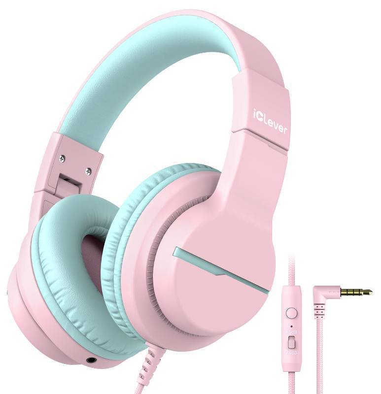 lot 8685 image: iClever HS19 Kids Headphones with Microphone for School, Safe Volume Limited, Over-Ear Girls Boys Headphones for Kids with Shareport, Foldable Wired for iPadTravel (Pink)