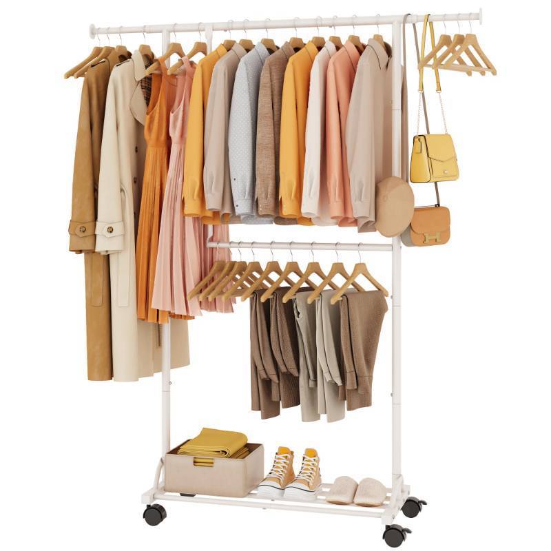 lot 9841 image: FAVOOSTY Clothing racks for hanging clothes with wheels, Adjustable Dismantle Double Rod, Heavy Duty Clothes Organizer Hanging, Pants Scarves Dress Suits, Multi-functional, Bedroom Studio White