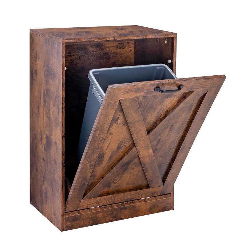 lot 2888 image: 13 Gallons Tilt Out Trash Cabinet, Hidden Trash Can Cabinet Wooden Free Standing Kitchen Trash Recycling Cabinet with Drawer for Kitchen Brown