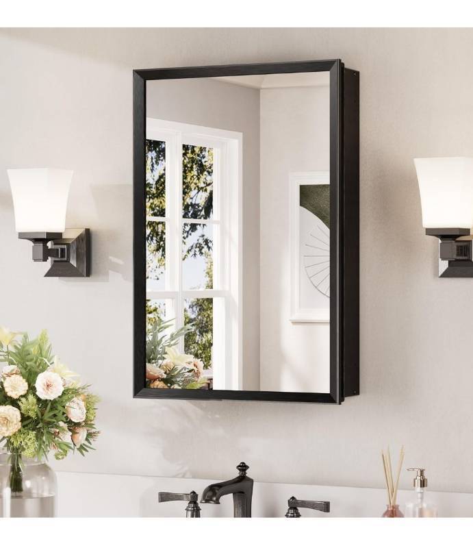 lot 2906 image: Keonjinn Medicine Cabinet Mirror 16 x 24, Assembly Required, Black Medicine Cabinet with Mirror