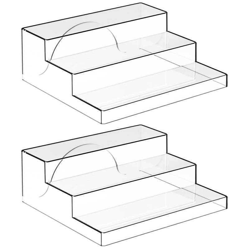 lot 3285 image: Yieach 3 Tiered Acrylic Display Stands for Cupcake Stand,Perfume Shelf Organizer,Figure and Funko Pop Display,No Installation,Clear Table Risers Display Stands for Collectibles,Makeup and Dessert,2PCS