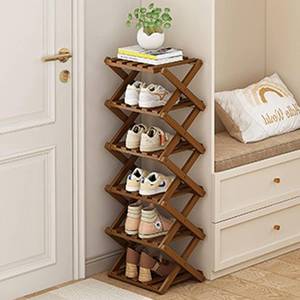 lot 7131 image: NANPONE Narrow Shoe Rack-Free Standing Shoe Racks-Bamboo Shoe Storage Organiser Vertical Foldable Shoes Shelf for Entryway,Closet,Hallway,Bedroom (Tawny, 6 Layer)