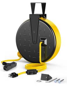 lot 7173 image: DEWENWILS 30 Ft Retractable Extension Cord Reel, CeilingWall Mount 163 Gauge SJTW Power Cord with 3 Electrical Outlets Pigtail for Garage and Shop, 10 Amp Circuit Breaker, Metal Plate, UL Listed