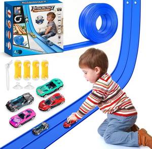 lot 7180 image: 15Ft Flexible Race Car Track for Kids with Suction Cups Compatible with Hot Wheels and Diecast 164th Cars for Ages 3 & Up Blue Gray Orange Red Classic Long Rolls Up Portable Racetrack (Blue)