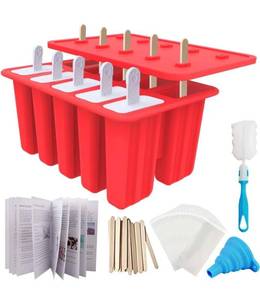 lot 7198 image: Miaowoof Homemade Popsicle Molds, 10-Cav Non-BPA Silicone Ice Pop Maker, with 50 Sticks, 50 Bags, 10 Reusable Sticks, Funnel, Brush and Ice Pop Recipe (Red)