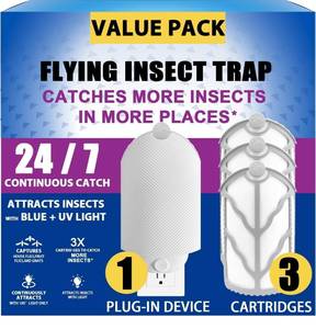 lot 7201 image: Flying Insect Trap (1 Stater & 3 Refill Cartridges), UV Light Indoor Bug Catcher for Gnats, Fruit Flies, Mosquitoes, and Moths, Plug-in Fly Trap for Home, Kitchen, Living Room