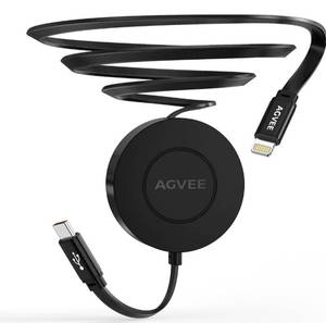 lot 7226 image: AGVEE 0.3ft Fixed  2.3ft Extend USB-C to Lightning Charger Cable Mountable One Way Retractable 27W Fast Charging Cord, Pocket-Sized for iPhone 14 13 12 11 XS, Desk Organizer, Black