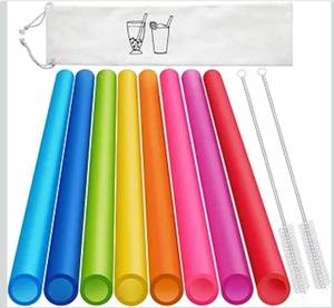 lot 7253 image: 8 Pcs Extra Wide Reusable Smoothie & Boba Straws with 1 Bag & 2 Brushes - Multicolor Big Jumbo, BPA FREE Large Plastic Straws for Smoothies, Bubble Tea(Tapioca, Boba Pearls), Milkshakes