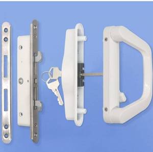 lot 7266 image: Sliding Patio Door Handle Set with Mortise Lock, Suitable for Sliding Glass Patio Door Thickness from 1.5in to 2in, 4-1516 Screw Holes, Need to Drill, Reversible Design, Keyed, White