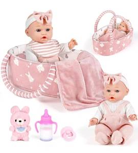 lot 7291 image: Dreamon 12 Baby Doll Playset with Carrier Bassinet Bed, 11PCS Baby Doll Accessories Includes Pacifier, Blanket, Pillow, Diaper, Pretend Play Set Baby Doll Care Toys Gifts for Kids Girls