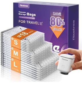 lot 7303 image: Nicetree 18-Pack Vacuum Seal Bags with Rechargeable Wireless Pump  3 Sizes (202428 Inch) Travel Vacuum Storage Bags for Clothing, Bedding & Seasonal Storage  Space Saver for Luggage