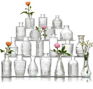 lot 7319 image: Glass Bud Vase Set of 20 - Small Vases for Flowers in Bulk - Assorted Vintage Crystal Vases for Flowers, Table Centerpieces (Clear, 20 Pcs)