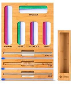 lot 7324 image: Calmbee 9 in 1 Bamboo Storage Bag Organizer for Kitchen Drawer �� Plastic Wrap Dispenser with Cutter & Foil Organizer, Wooden Baggie Organizer for Sandwich, Snack, Gallon, Quart Sizes, Natural