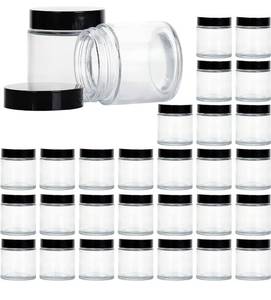 lot 7332 image: 4 Ounce Glass Jars with Lids, Hoa Kinh 30 Pack Clear Empty Cosmetic Containers Round Airtight Glass Jar with Black Lids for Storing Lotions, Powders, and Ointments