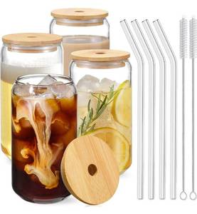 lot 7342 image: Drinking Glasses with Bamboo Lids and Glass Straw 4pcs Set - 16oz Glass Cups, Iced Coffee Glasses, Cute iced Tea Glasses, Beer Glasses, Ideal for Coffee Bar Accessories, Aesthetic Gift - 2 Brushes