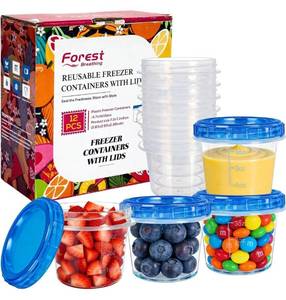lot 7350 image: 12 Pack 4oz Small Freezer Storage Containers with Twist Top Lids Airtight, Mini Reusable Plastic Food Storage Containers with Lids for Snack Condiment Salad Dressings Sauces Soup, Condiment Sauce Cups