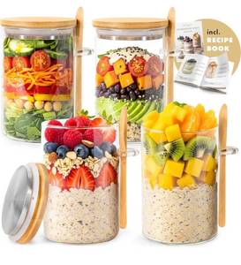 lot 7364 image: Overnight Oats Containers with Lids, Labels & Spoons (4 x 16oz) Glass Jars for Oatmeal, Meal Prep, Food Storage  Leak-Proof Mason Jars for Oats, Cereal, Yogurt, Chia Pudding Thicker Glass 3mm