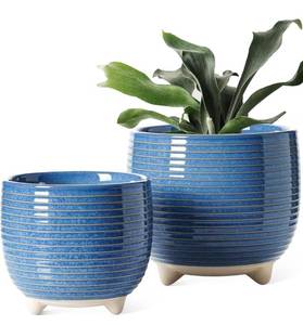 lot 7367 image: LE TAUCI Ceramic Plant Pots, 5.1  6.4 Inch Footed Pots for Plants, Modern Flower Pots for Home and Office, Indoor Planters with Drainage, Reactive Glaze Blue