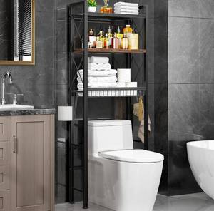 lot 7369 image: Over The Toilet Storage with X Shape Side Guardrail, 3-Tier Over Toilet Storage Rack with Drain Basket, Freestanding Bathroom Organizer for Balcony Laundry, Vintage Brown